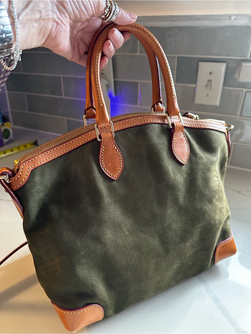 Dooney & Bourke Olive and Tan Leather-Trimmed Satchel - Picture 2 of 9